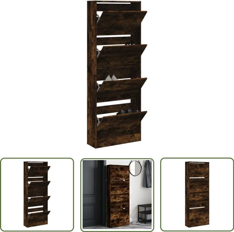 The Living Store Schoenenkast 60x21x163 5 cm bewerkt hout gerookt eikenkleurig Schoenenkast Schoenenopbergkast Smal Compact Houten Schoenenkast