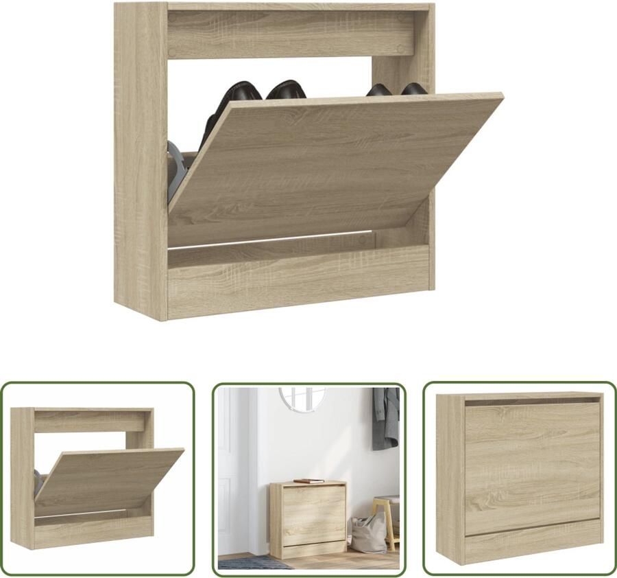 The Living Store Schoenenkast 60x21x57 cm bewerkt hout sonoma eikenkleurig Schoenenkast Schoenenopbergkast Compact Kastje Smal Meubel Bruine Kast