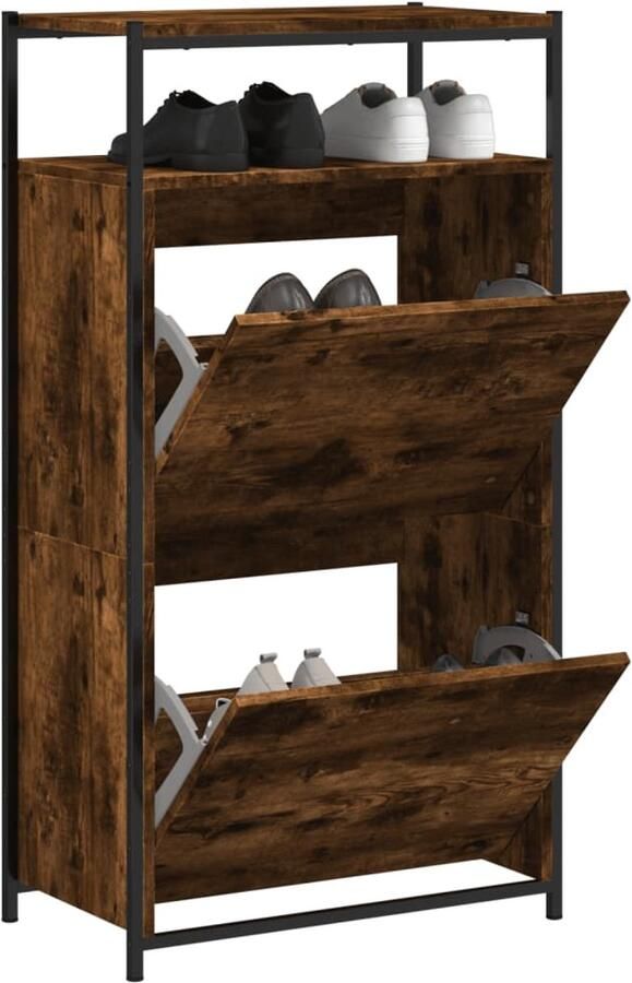 The Living Store Schoenenkast 60x34x112 cm bewerkt hout gerookt eikenkleurig Schoenenkast Schoenenopbergkast Houten Schoenenkast Bruine Schoenenkast Compacte Schoenenkast