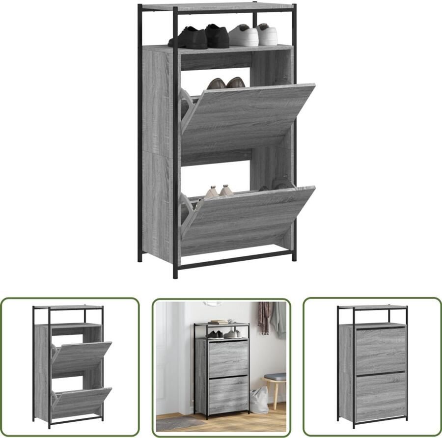 The Living Store Schoenenkast 60x34x112 cm bewerkt hout grijs sonoma eikenkleur Schoenenkast Schoenenopbergkast Grijze Schoenenkast Houten Schoenenkast Compact Design