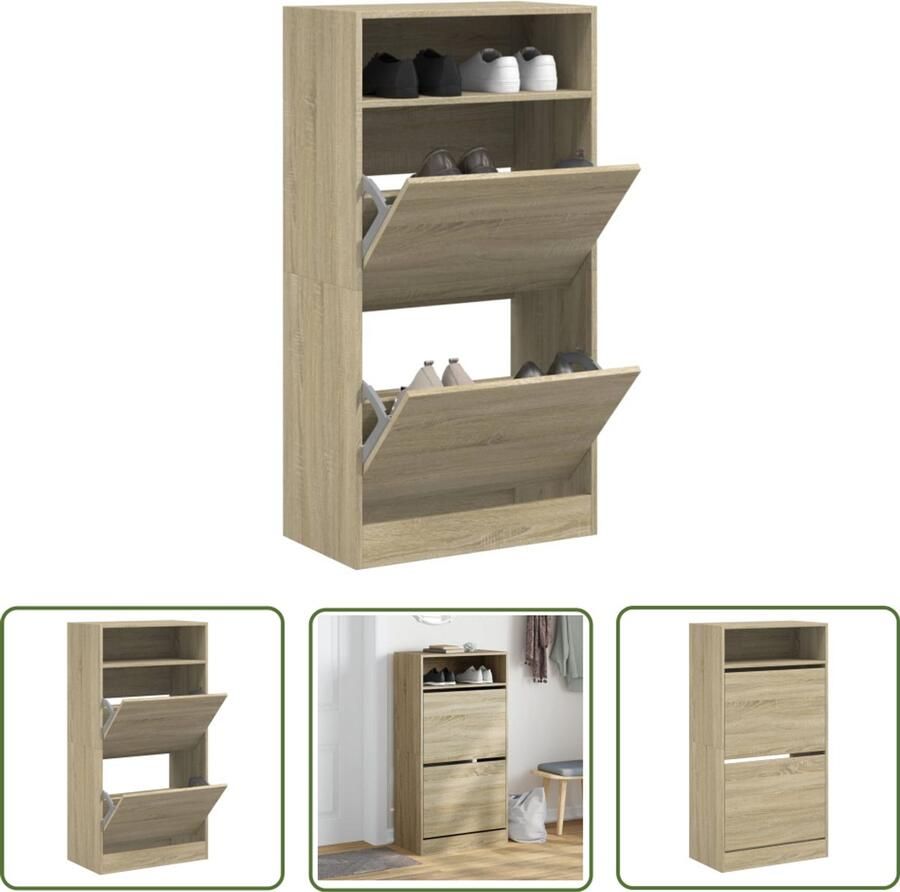 The Living Store Schoenenkast 60x34x116 cm bewerkt hout sonoma eikenkleurig Schoenenkast Schoenenopbergkast Bruine Schoenenkast Houten Schoenenkast Compact Design