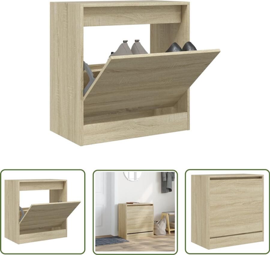The Living Store Schoenenkast 60x34x63 5 cm bewerkt hout sonoma eikenkleurig Schoenenkast Schoenenopbergkast Houten Schoenenkast Compact Design Bruine Schoenenkast