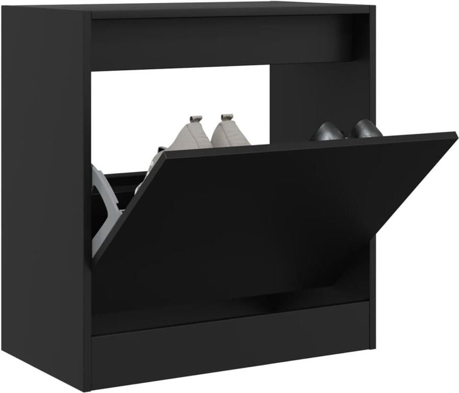 The Living Store Schoenenkast 60x34x63 5 cm bewerkt hout zwart Schoenenkast Schoenenopbergkast Houten Schoenenkast Compacte Schoenenkast Zwarte Schoenenkast - Foto 2