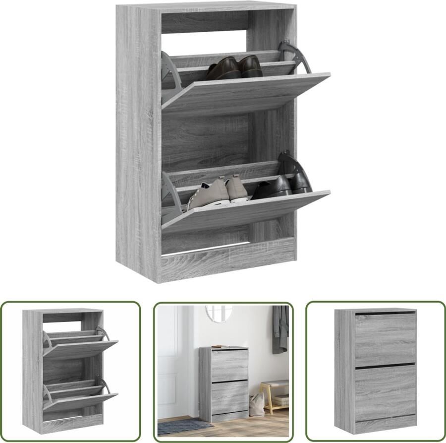 The Living Store Schoenenkast 60x34x96 5 cm bewerkt hout grijs sonoma eikenkleur Schoenenkast Schoenenopbergkast Bergruimte Compact Design Grijze Schoenenkast