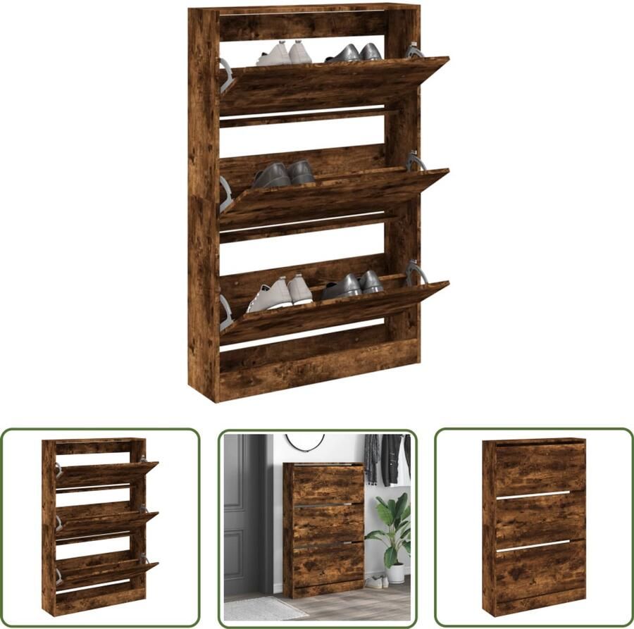The Living Store Schoenenkast 80x21x125 5 cm bewerkt hout gerookt eikenkleurig Schoenenkast Schoenenopbergkast Houten Schoenenkast Bruine Schoenenkast Compact Schoenenkast