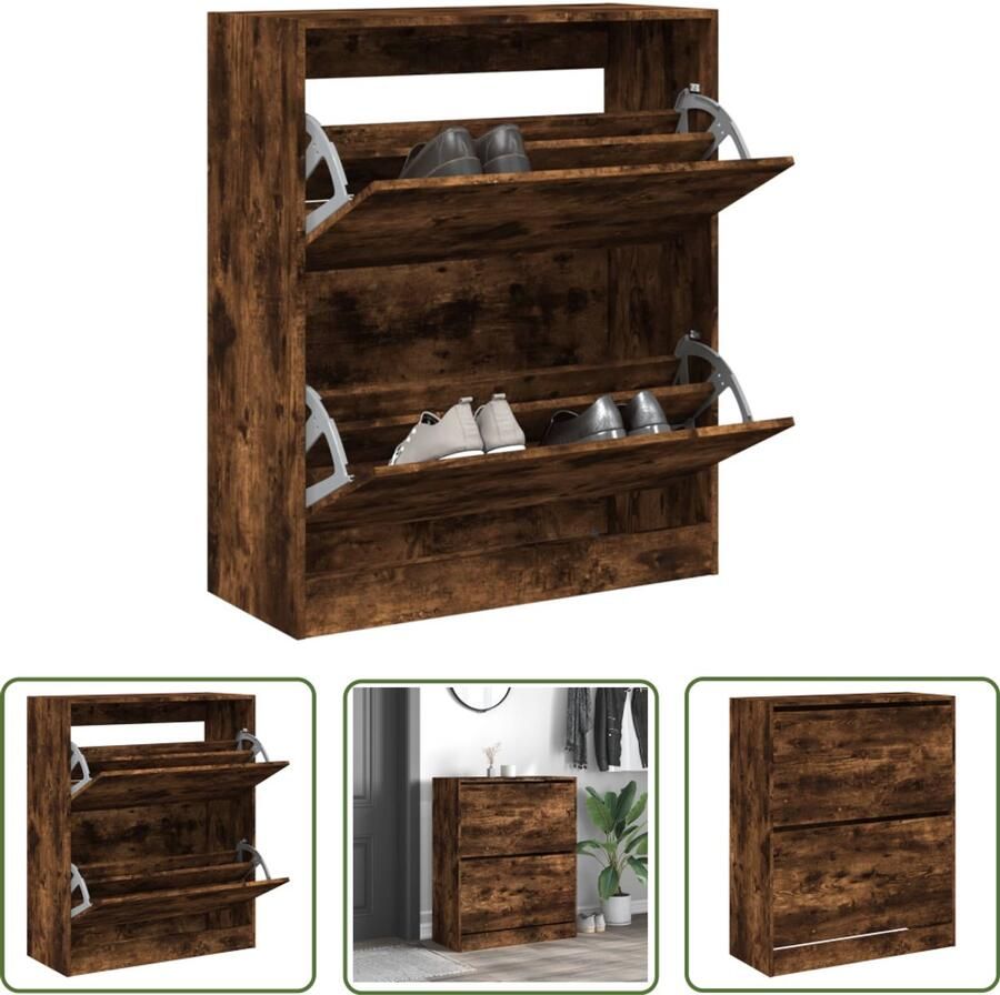 The Living Store Schoenenkast 80x34x96 5 cm bewerkt hout gerookt eikenkleurig Schoenenkast Schoenenopbergkast Compact Smal Bruine Schoenenkast