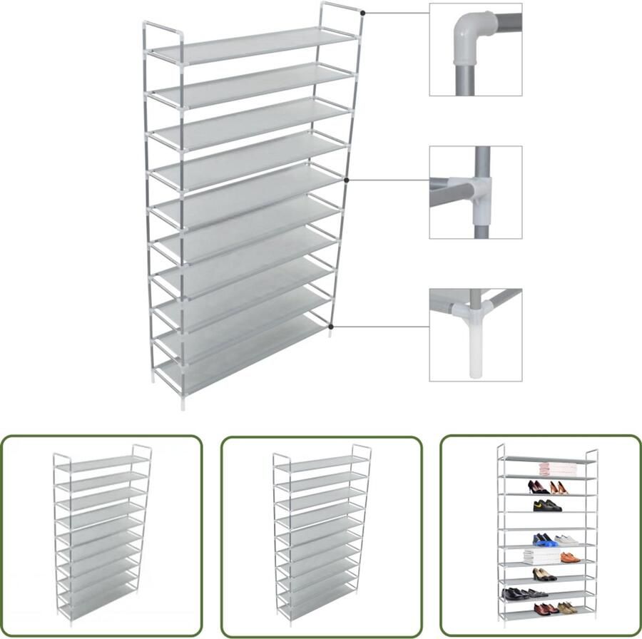 VidaXL Schoenenrek 10 schappen Zilver Metaal Schoenenrek Schoenuitlegger Bergruimte Kledingopslag Entree Organisatie Minimalistisch Design Stapelbaar Multifunctioneel Compact Modern Interieur Zilver Kleurtje