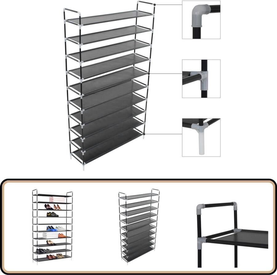 VidaXL Schoenenrek 10 Schappen Zwart 100x29 5x170cm Schoenenrek Schoenuitlegger Bergruimte Minimalistisch Meubilair Zwarte Kast