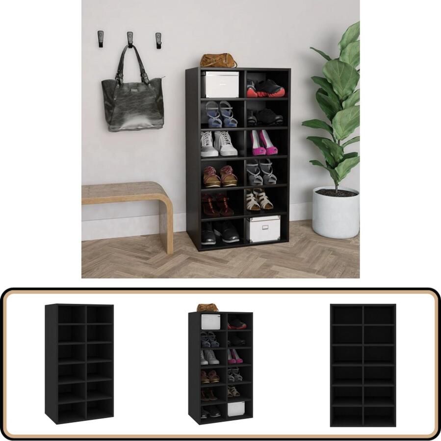 VidaXL Schoenenrek 12 schappen Zwart Hout Schoenenrek Houten Schoenenrek Schoenen Organisatie Schoenuitlegger Bergruimte Kastje Zwarte Schoenenkast