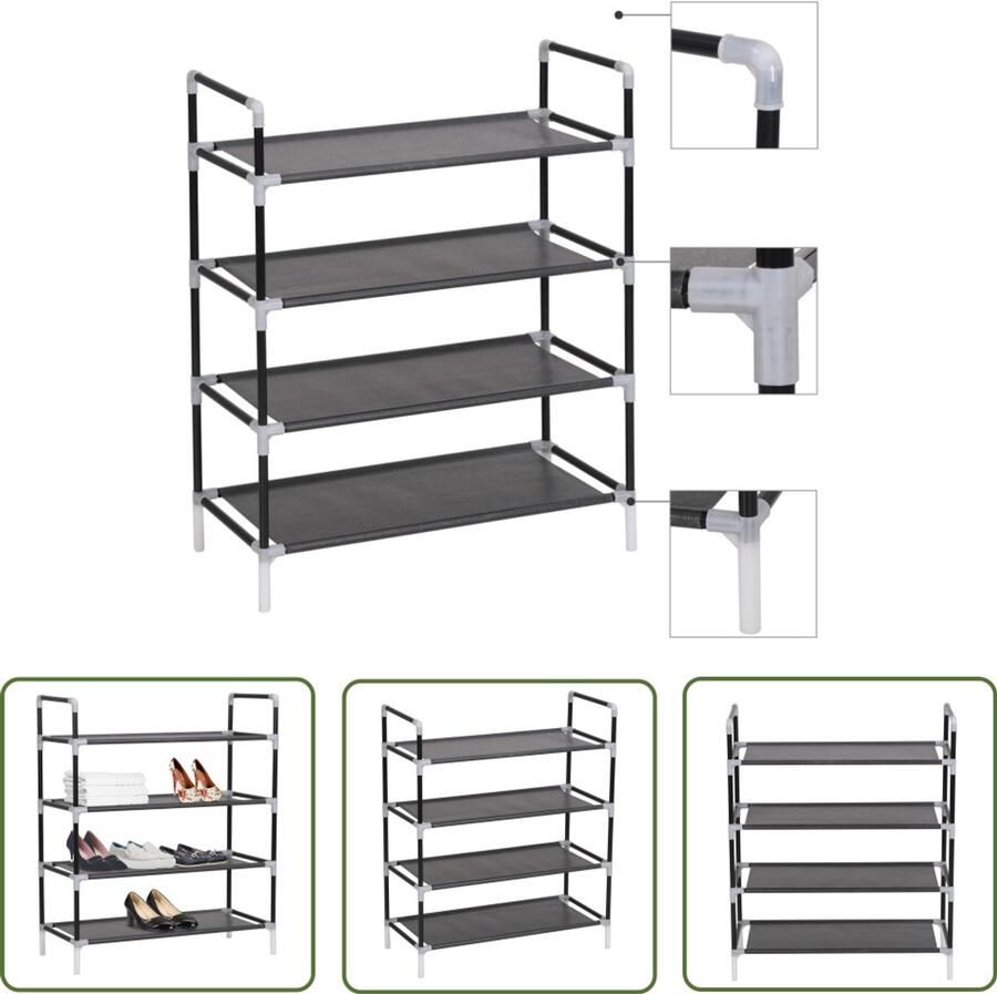 VidaXL Schoenenrek 4 schappen Metaal en stof Zwart Schoenenrek Schoenuitlegers Bergruimte Entree Organisatie Minimalistisch Meubilair Zwarte Kast