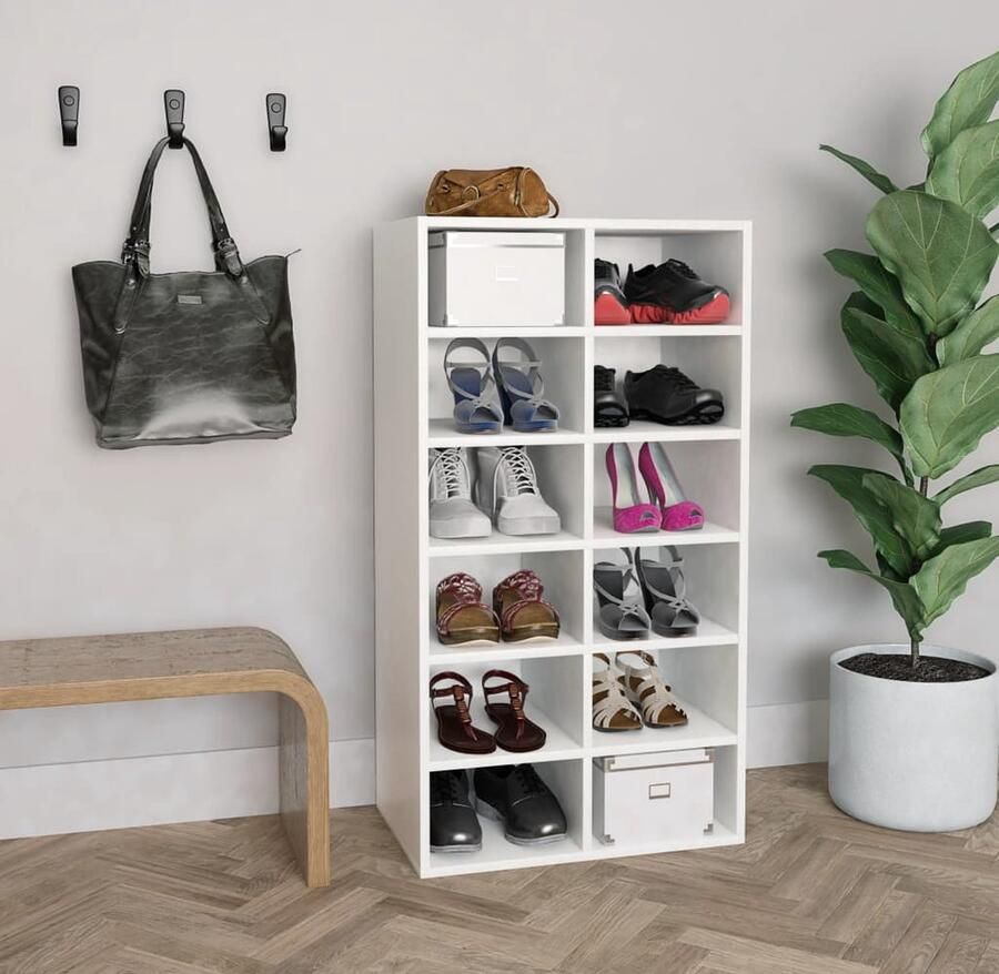 VidaXL Schoenenrek 54x34x100 5 cm wit hout Schoenenrek Schoenuitlegger Houten Schoenenrek Wit Schoenenrek Wandmontage Schoenenrek Bergruimte Schoenen Organisatie Schoenen - Foto 2