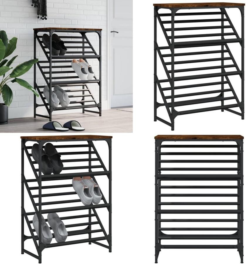 The Living Store Schoenenrek 60x30x85 cm bewerkt hout gerookt eikenkleurig Schoenenrek Schoenenkast Entree Organisatie Houten Schoenenrek Bruine Schoenenkast - Foto 2