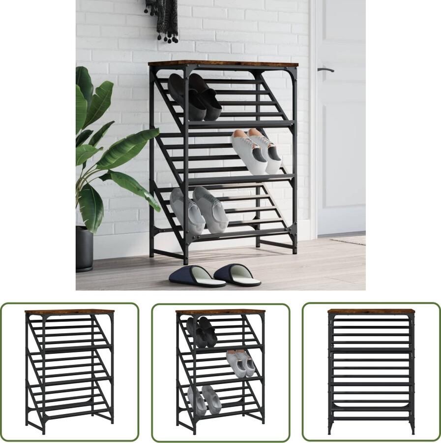 The Living Store Schoenenrek 60x30x85 cm bewerkt hout gerookt eikenkleurig Schoenenrek Schoenenkast Entree Organisatie Houten Schoenenrek Bruine Schoenenkast - Foto 3