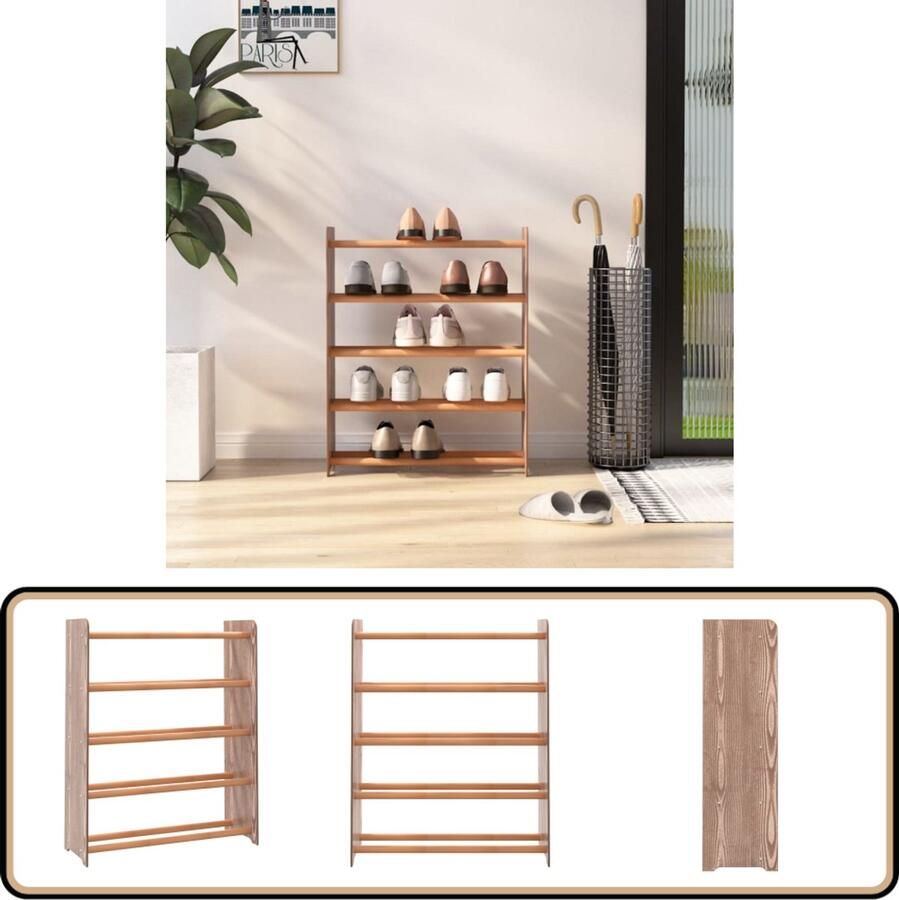 VidaXL Schoenenrek 65x24x81 cm Hout Bruin Schoenenrek Houten Schoenenrek Schoenenkast Opbergruimte Bruine Schoenenkast