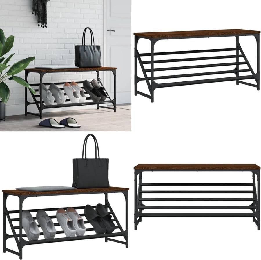 VidaXL Schoenenrek 90x30x45 cm bewerkt hout bruin eikenkleur Schoenenrek Schoenenrekken Schoenenkast Schoenen Kast