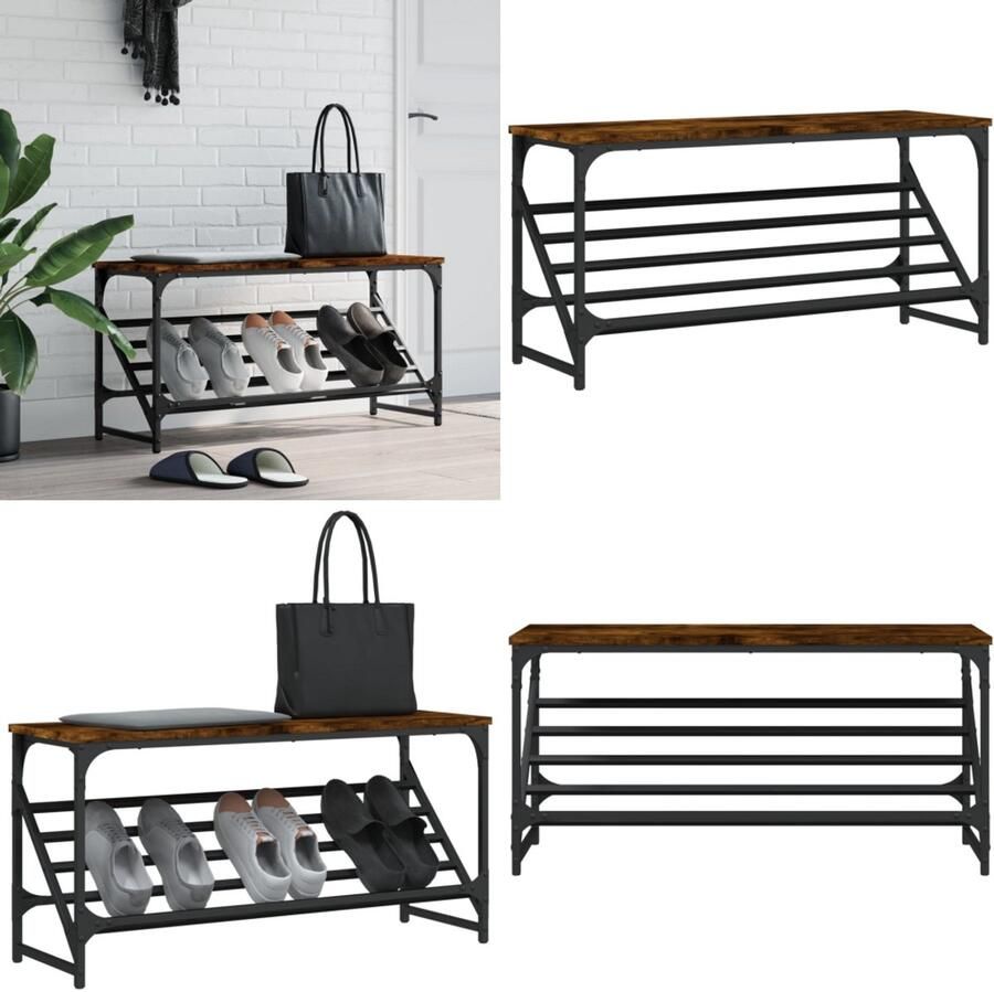 VidaXL Schoenenrek 90x30x45 cm bewerkt hout gerookt eikenkleurig Schoenenrek Schoenenrekken Schoenenkast Schoenen Kast
