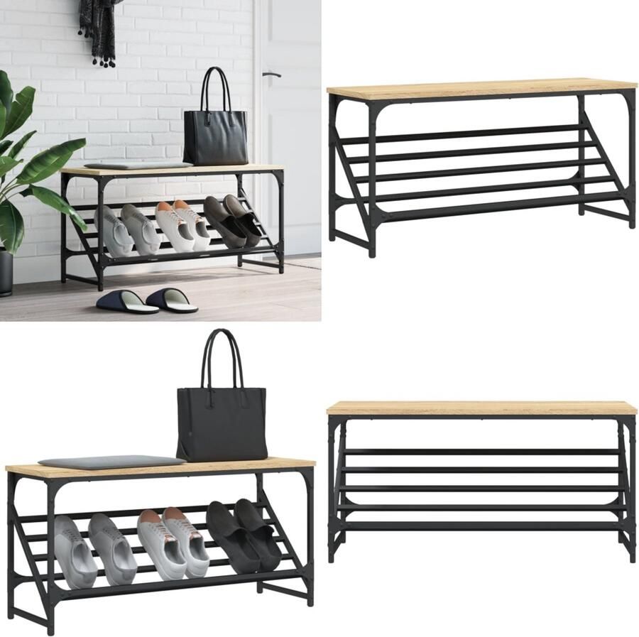 VidaXL Schoenenrek 90x30x45 cm bewerkt hout sonoma eikenkleurig Schoenenrek Schoenenrekken Schoenenkast Schoenen Kast