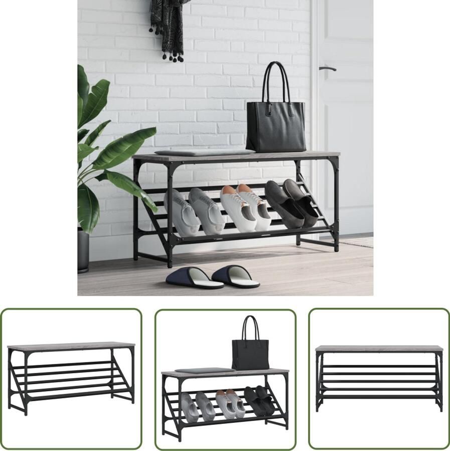 VidaXL Schoenenrek 90x30x45 cm Grijs Sonoma Eiken Schoenenrek Schoenen Kast Entree Meubilair Vintage Interieur Houten Schoenenkast Grijze Schoenenkast Organisator Schoenen Bergruimte Stijlvol Schoenenrek
