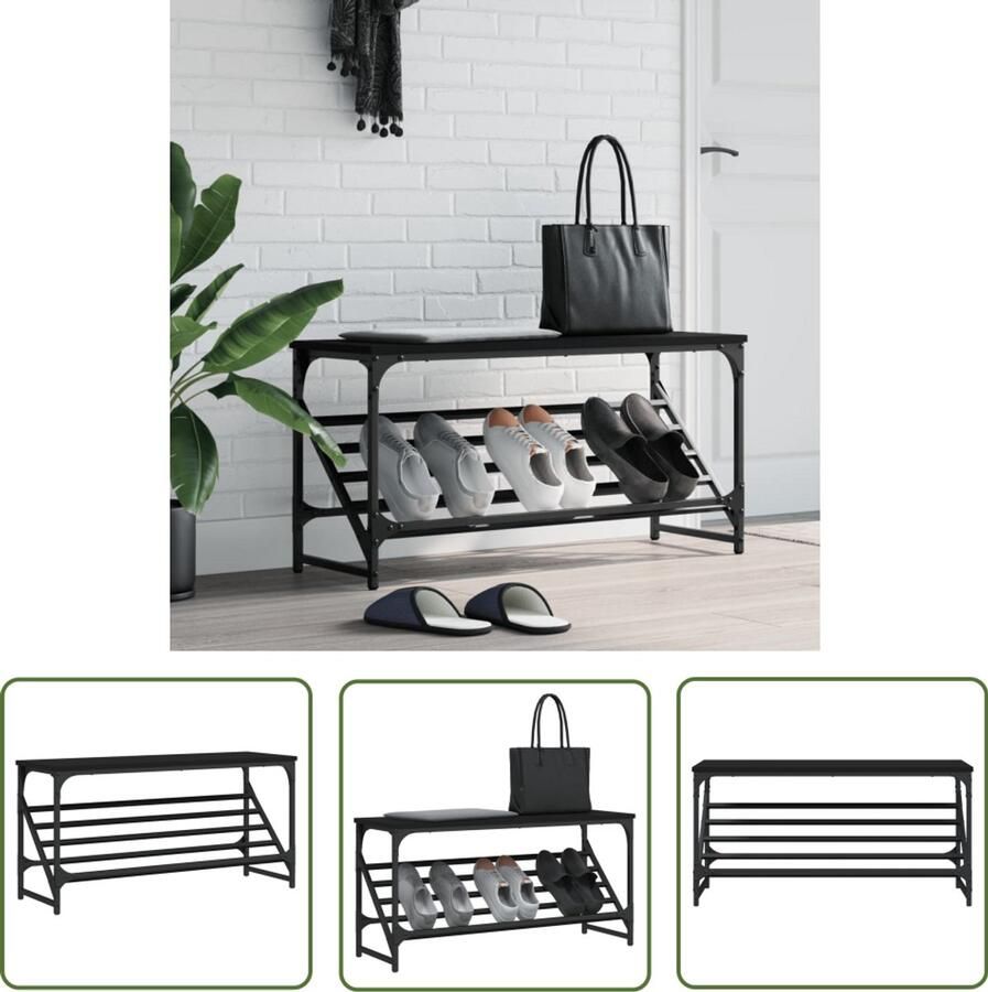 VidaXL Schoenenrek 90x30x45 cm Hout en staal Zwart Schoenenrek Schoenen Kast Entree Meubilair Houten Schoenenrek Klassiek Schoenenrek Zwarte Schoenenkast
