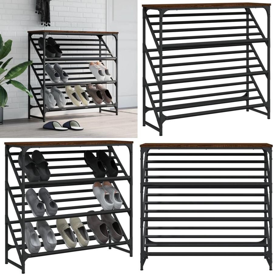 The Living Store Schoenenrek Klassiek Bruineiken 90 x 30 x 85 cm Duurzaam Hout en Staal Schoenenrek Schoenen Kast Houten Schoenenrek Vintage Schoenenrek Entreebank - Foto 2