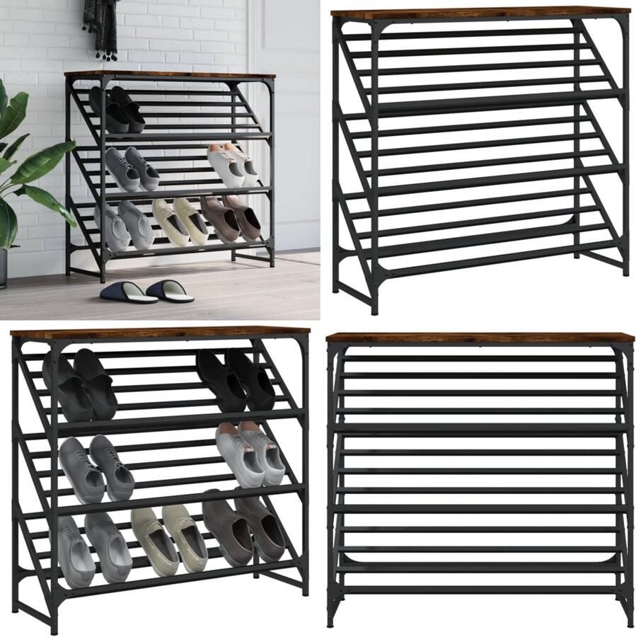 VidaXL Schoenenrek 90x30x85 cm bewerkt hout gerookt eikenkleurig Schoenenrek Schoenenrekken Schoenenkast Schoenen Kast