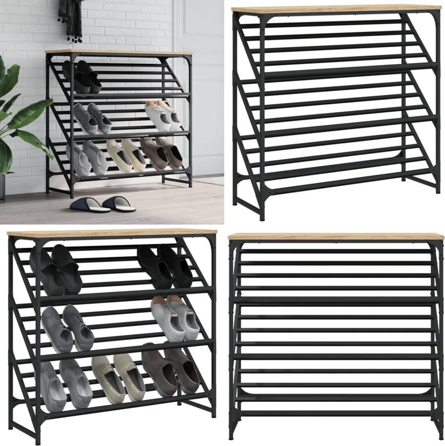 VidaXL Schoenenrek 90x30x85 cm bewerkt hout sonoma eikenkleurig Schoenenrek Schoenenrekken Schoenenkast Schoenen Kast