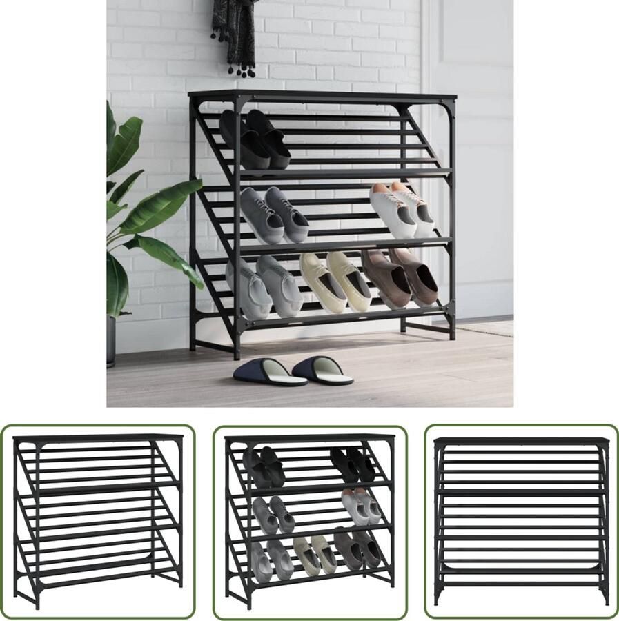 VidaXL Schoenenrek Bewerkt Hout Zwart 90x30x85 cm Schoenenrek Schoenen Kast Entree Organisatie Gang Organizer Houten Schoenenrek - Foto 2