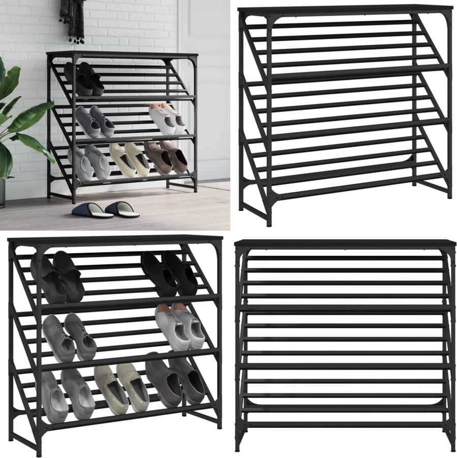 VidaXL Schoenenrek 90x30x85 cm bewerkt hout zwart Schoenenrek Schoenenrekken Schoenenkast Schoenen Kast