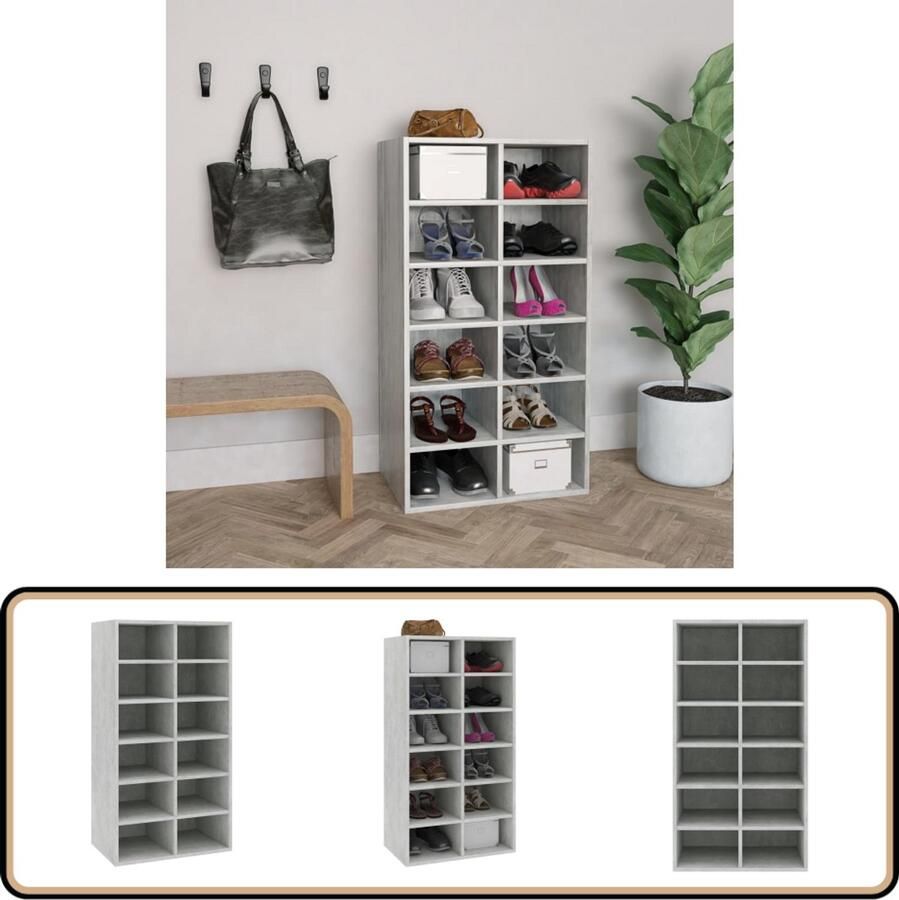 VidaXL Schoenenrek betongrijs 12 schappen Schoenenrek Schoenuitlegger Houten Schoenenrek Betongrijs Meubilair Bergruimte Organisatie Entreemeubels