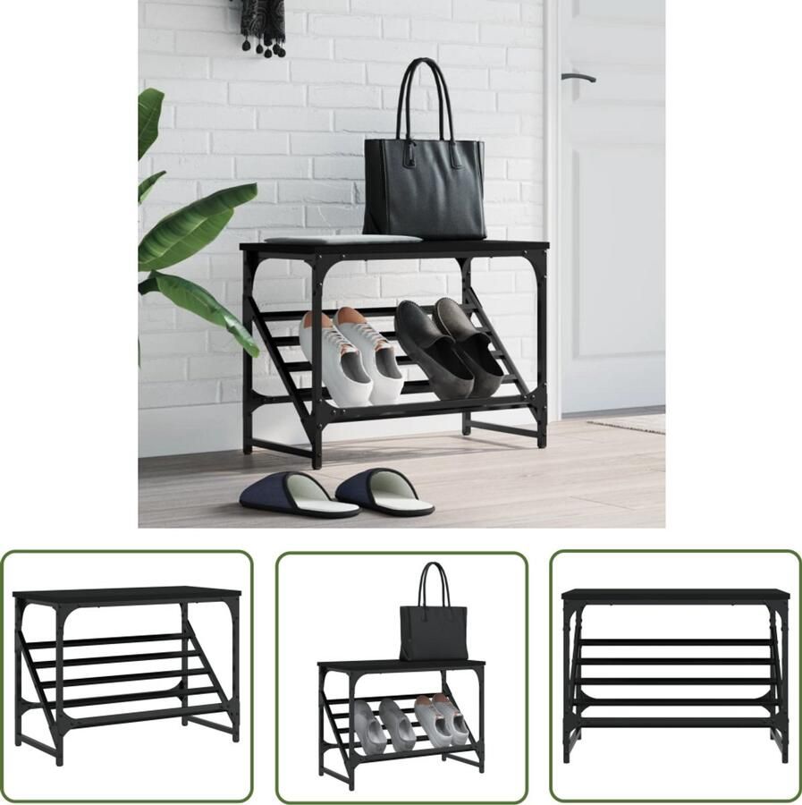 VidaXL Schoenenrek Bewerkt hout Zwart 60x30x45 cm Schoenenrek Schoenen Kast Entree Meubilair Houten Schoenenrek Zwart Schoenenrek Vintage Schoenenrek Klassiek Schoenenrek Compact Schoenenrek