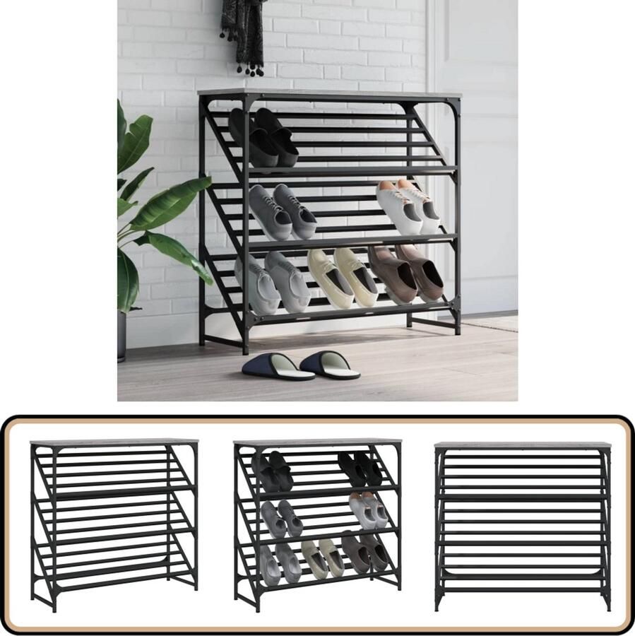 VidaXL Schoenenrek Grijs Sonoma 90x30x85 cm Schoenenrek Schoenenkast Houten Schoenenrek Grijze Schoenenkast Vintage Schoenenkast