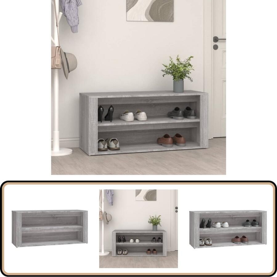 VidaXL Schoenenrek Grijs Sonoma Eiken 100x35x45 cm Schoenenrek Schoenenkast Bergruimte Interieurdecoratie Houten Meubilair Grijze Meubels Moderne Stijl Opslagruimte Organisatie Schoenuitlegger