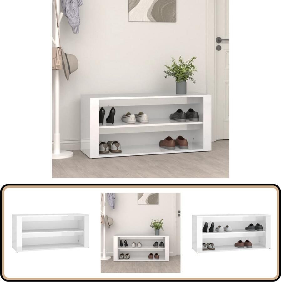 VidaXL Schoenenrek Hoogglans wit 100x35x45 cm Schoenenrek Schoenuitlegger Bergruimte Houten Meubilair Witte Meubelstukken Modern Design Entreemeubelen Garderobe Accessoires Opslagoplossing Interieurdecoratie