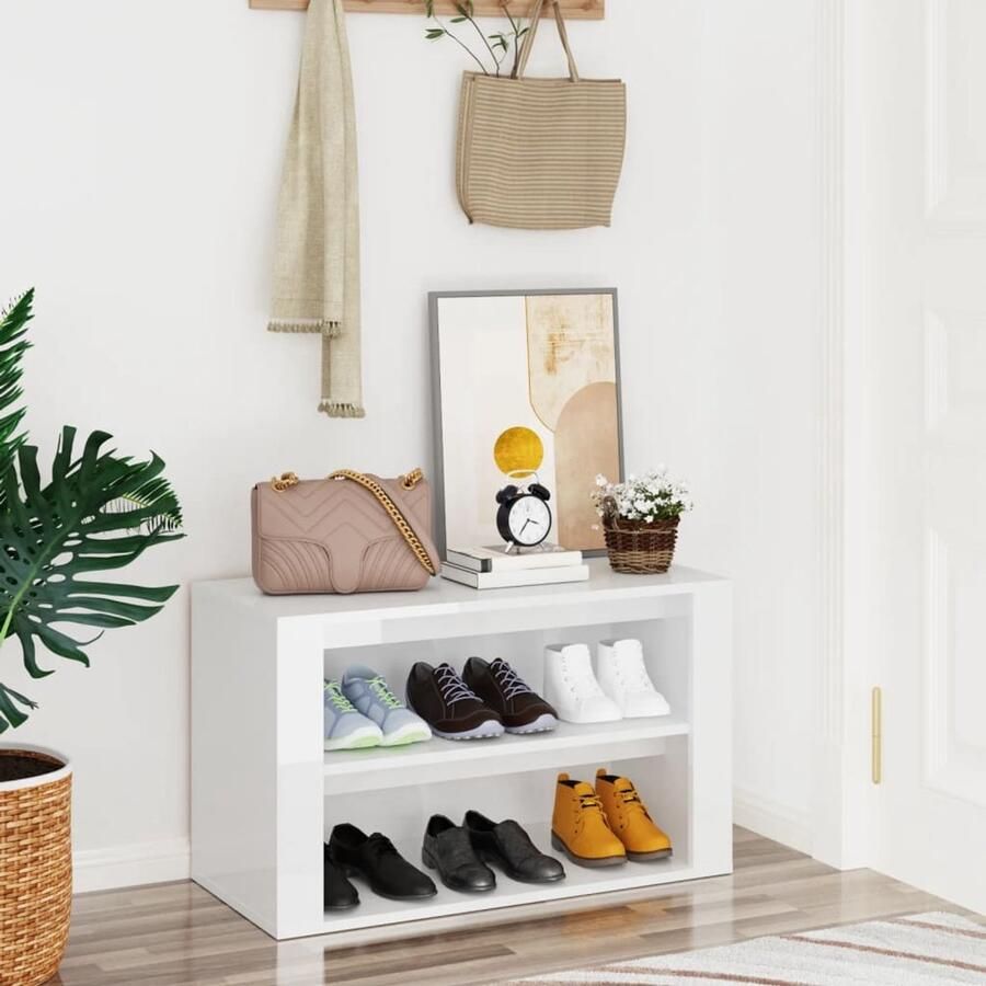 VidaXL Schoenenrek Hoogglans Wit 75x35x45 cm Schoenenrek Schoenuitlegger Houten Schoenenkast Witte Schoenenkast Opslagruimte