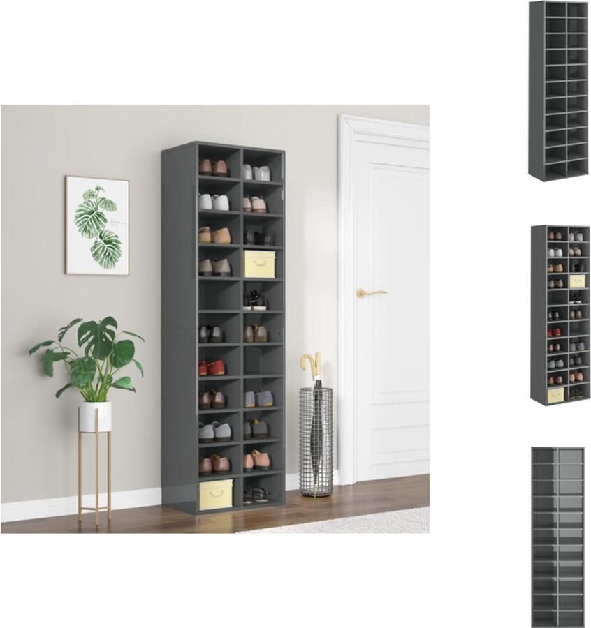 VidaXL Schoenenrek Hout 54 x 34 x 183 cm 22 schappen Hoogglans grijs Schoenenkast