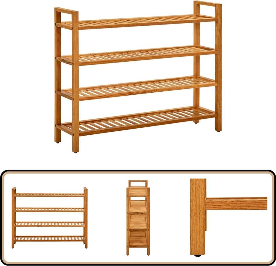 VidaXL Schoenenrek Massief Eikenhout 4 Schappen Schoenenrek Schoenuitlegger Eikenhouten Meubilair Vintage Interieur Landelijke Woonstijl Entree Kastje Bergruimte Organisator Schoenen Organisatie Binnenhuisdecoratie