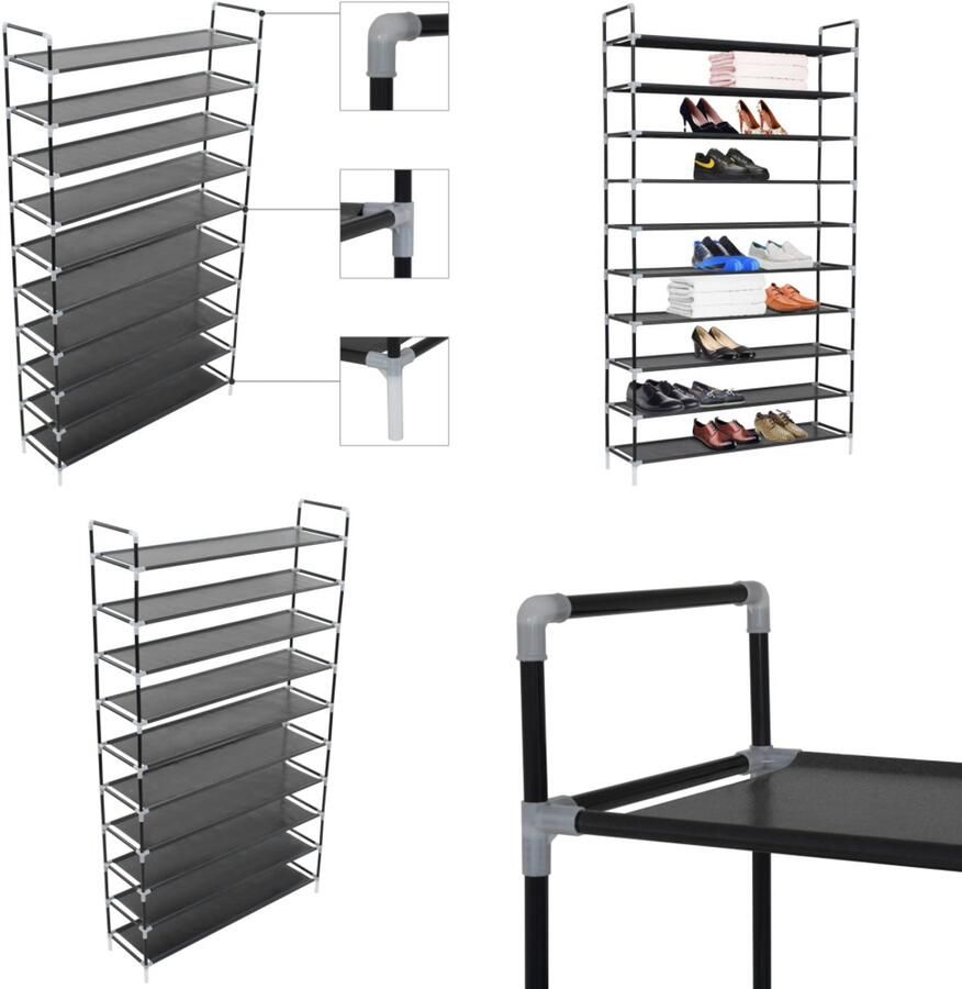 VidaXL Schoenenrek met 10 schappen metaal en ongeweven stof zwart Schoenrek Schoenrekken Schoenorganiser Schoenorganisers