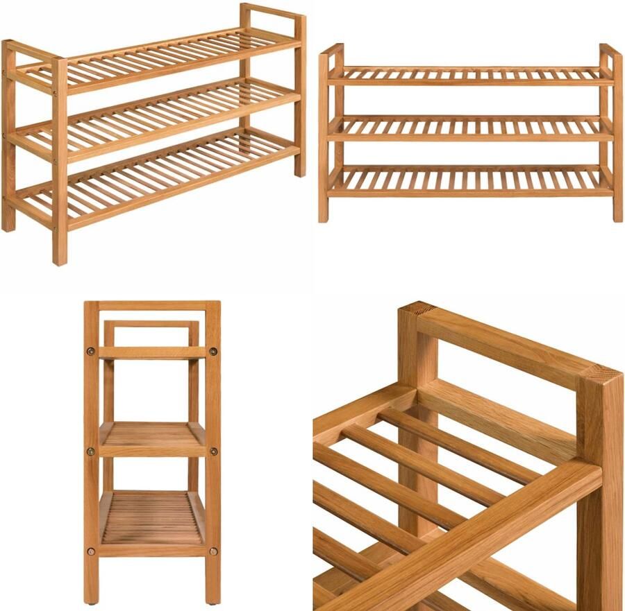 VidaXL Schoenenrek met 3 schappen 100x27x60 cm massief eikenhout Schoenrek Schoenrekken Schoenorganiser Schoenorganisers