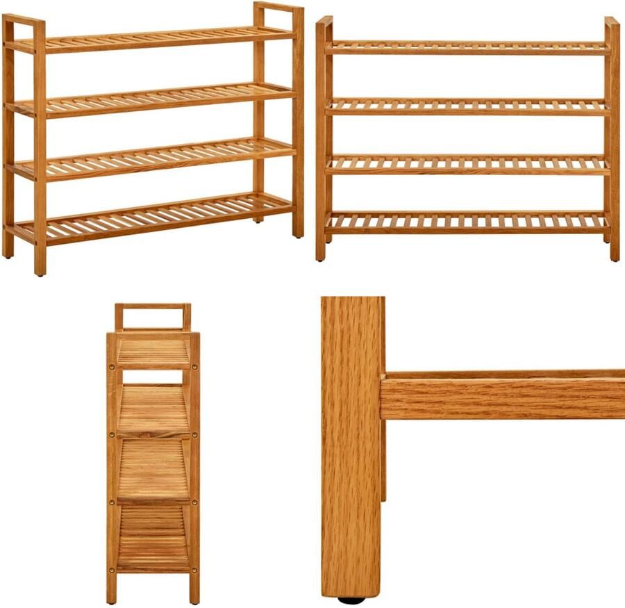 VidaXL Schoenenrek met 4 schappen 100x27x80 cm massief eikenhout Schoenrek Schoenrekken Schoenorganiser Schoenorganisers