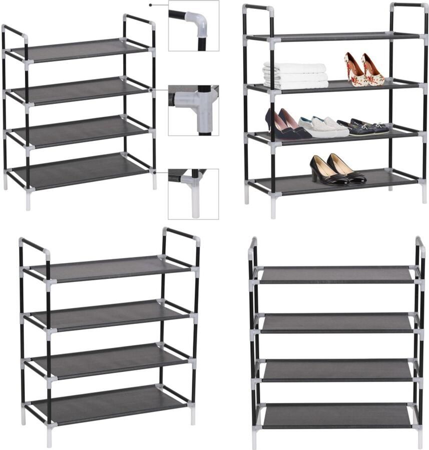 VidaXL Schoenenrek met 4 schappen metaal en ongeweven stof zwart Schoenrek Schoenrekken Schoenorganiser Schoenorganisers