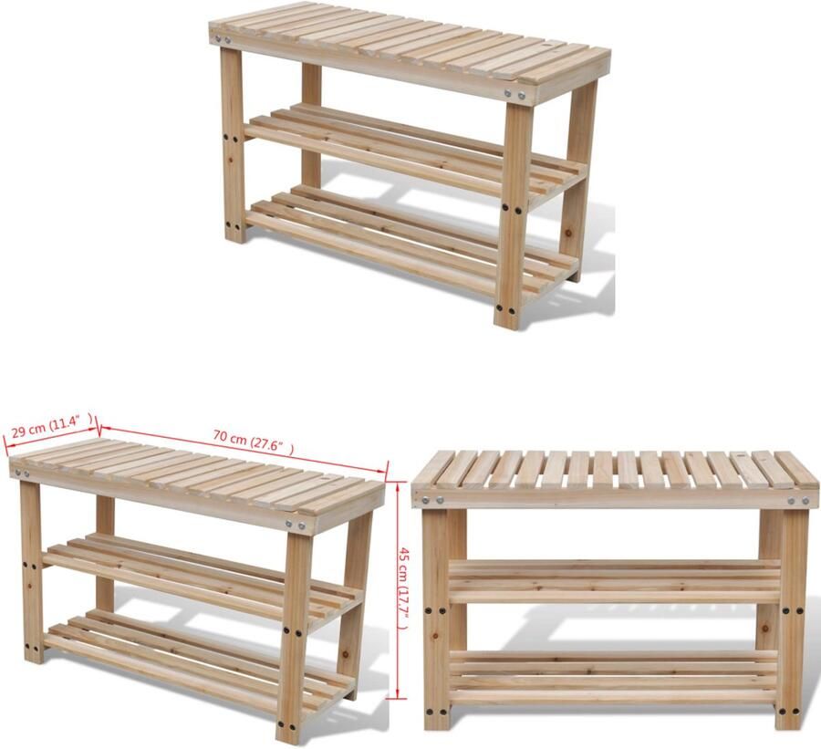 VidaXL Schoenenrek met bankje 2-in-1 massief vurenhout Houten Schoenenkast Houten Schoenenkasten Schoenenkast Schoenenkasten