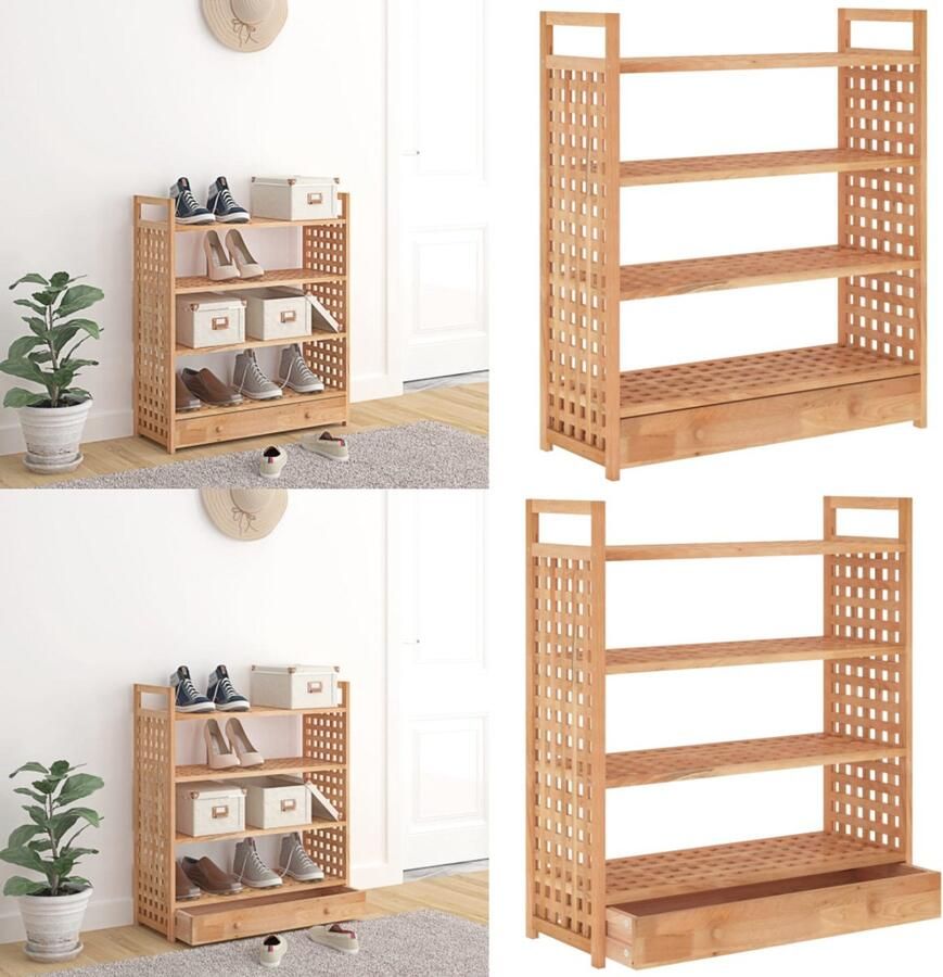 VidaXL Schoenenrek met lade 70x27x81 cm massief walnotenhout Schoenenrek Schoenenrekken Schoenenordener Schoenenorganiser