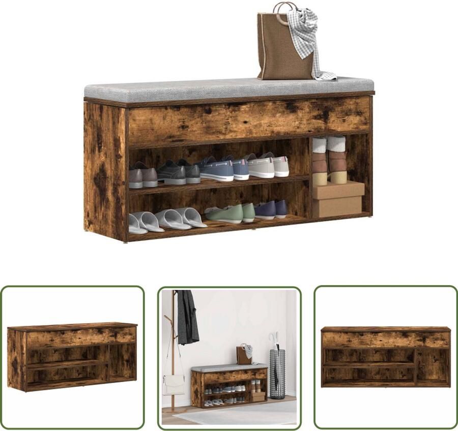 VidaXL Schoenenrek Schoenenbank 102x30 5x45 cm bewerkt hout gerookt eikenkleurig Bergruimte Houten Schoenenbank Vintage Schoenenbank