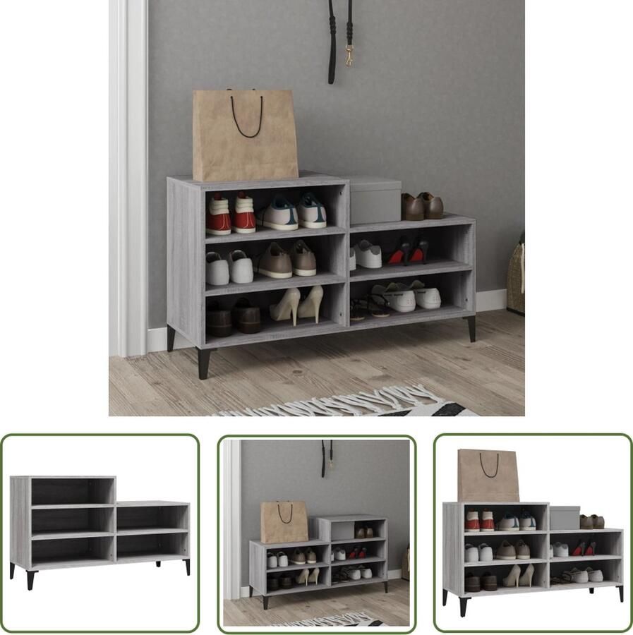 The Living Store Schoenenkast Grijs Sonoma Eiken 102x36x60 cm Bewerkt hout en metaal Schoenenkast Schoenuitlegers Bergruimte Houten Schoenenkast Grijze Schoenenkast - Foto 3