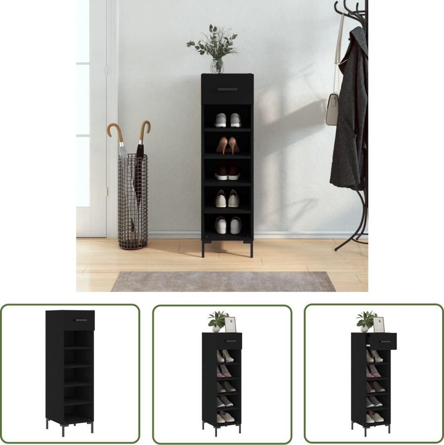 The Living Store Schoenenkast s Opslag 30x35x105 cm Zwart hout IJzer Schoenenkast Schoenenrek Opbergkast Entreehal Woonkamer - Foto 2