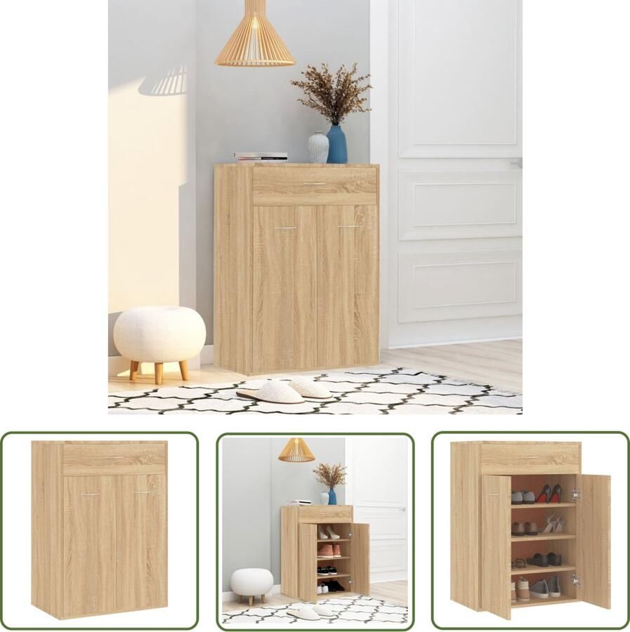 The Living Store Wandrek Sonoma Eiken 60 x 35 x 84 cm Met lade en deuren Montage vereist Schoenenkast Schoenenrek Houten Schoenenkast Wandkasten Bergruimte - Foto 2