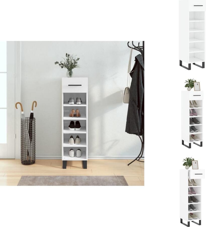 VidaXL Schoenenrek Schoenenrekken Opbergrek Voor Schoenen Schoenenkast 30x35x105 cm bewerkt hout hoogglans wit - Foto 2