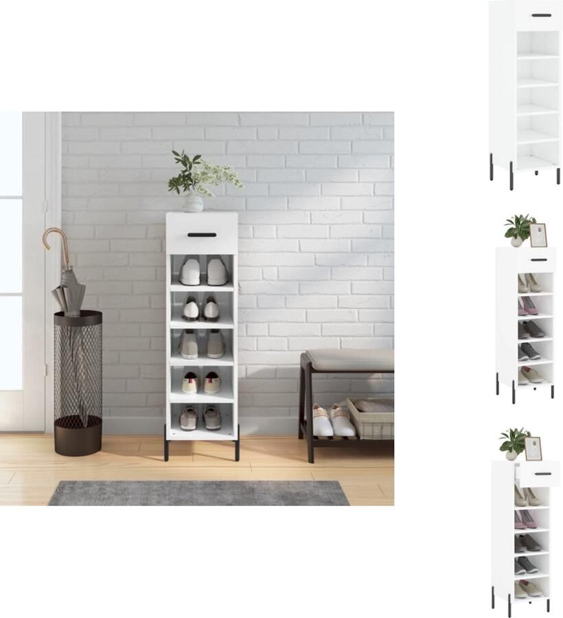 VidaXL Schoenenrek Schoenenrekken Opbergrek Voor Schoenen Schoenenkast 30x35x105 cm bewerkt hout hoogglans wit - Foto 3