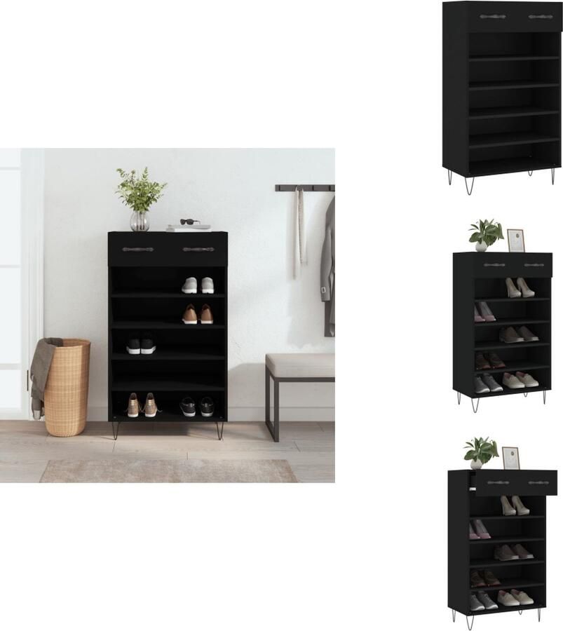 VidaXL Schoenenkast Elegant Duurzaam hout 1 lade 5 open vakken Stabiel blad Praktisch ontwerp Zwart 60 x 35 x 105 cm Kast - Foto 2