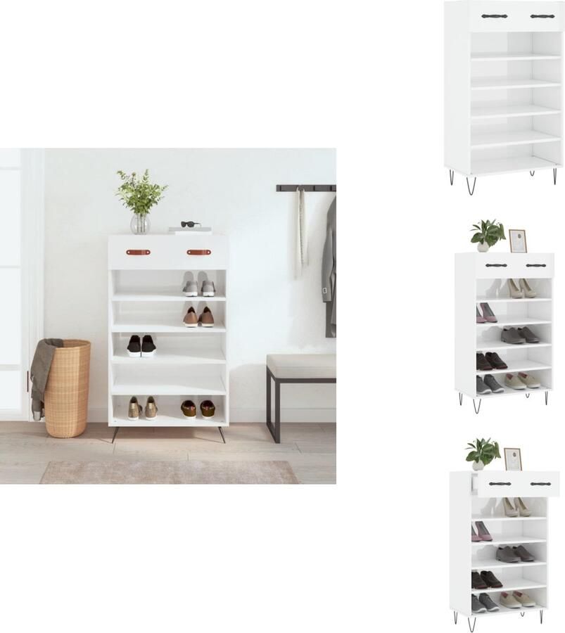 VidaXL Schoenenrek Schoenenrekken Opbergrek Voor Schoenen Schoenenkast 60x35x105 cm bewerkt hout hoogglans wit - Foto 2